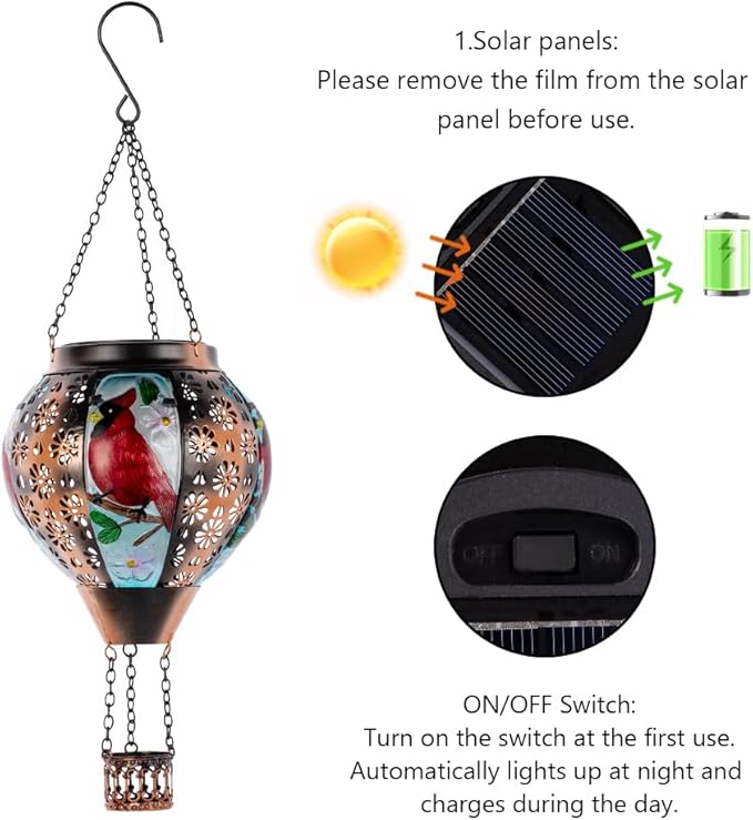 DREAMSOUL Cardinal Hot Air Balloon Solar Lantern, Metal Solar Lantern with Flickering Flame, Solar Lanterns Outdoor Waterproof for Lawn Patio Decor Christmas Gifts