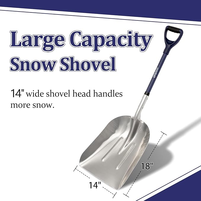 Aluminum Snow Shovel for Driveway, Large Capacity Snow Shovel for Snow Removal, Metal Snow Shovel with Fiberglass D-Handle, 45 Inches