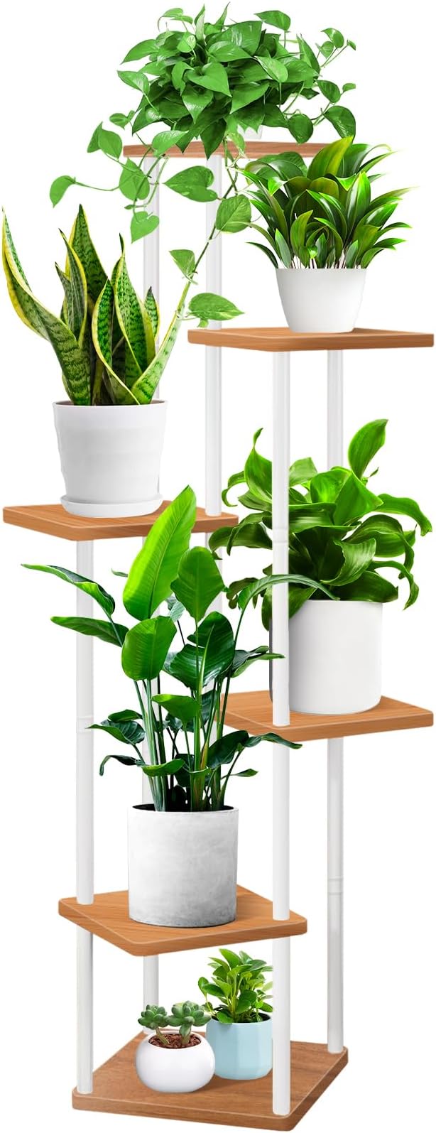 6 Tier Wood Tall Plant Stand Metal Rack Indoor, Multiple Flower Pot Holder Shelves Corner Rack, Planter Shelf Display Rack Storage Organizer for Patio Living Room Balcony Garden(White)