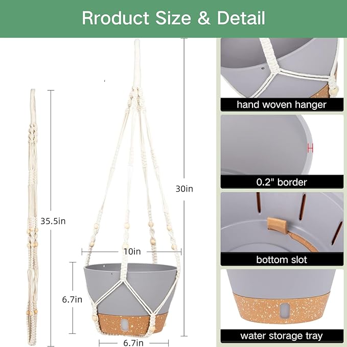 QCQHDU 2 Pack Hanging Planters for Indoor Plants, Outdoor Hanging Baskets, Self Watering Pots with Drainage Holes & Removable Tray (Light Grey, 10 inch, Macrame Hanger)