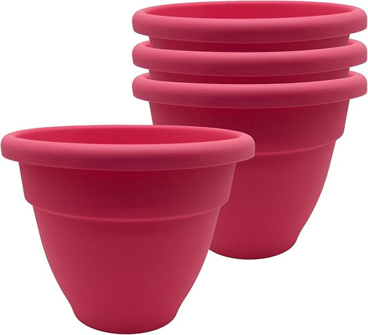 The HC Companies Caribbean Planter Pot - Outdoor & Indoor Plant Pot with Drainage Hole & Plug - Rolled Rim Plastic Pots for Plants & Flowers - Decorative Plant Pot (8" Pink Rose, Pack of 4)