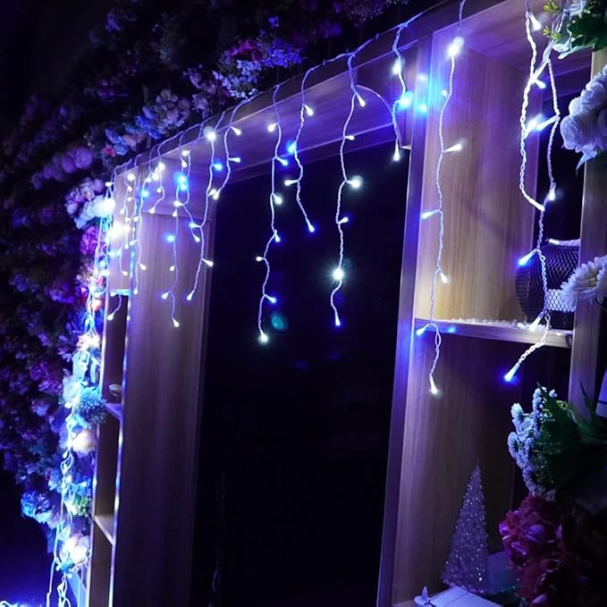 YASENN 300Led Icicle Style String Lights 29.5FT,Update Connectable 8 Lighting Modes with Timer Icicle Lights for Home Garden Outdoor Indoor Eave Decor (Blue and White LED White Cable)