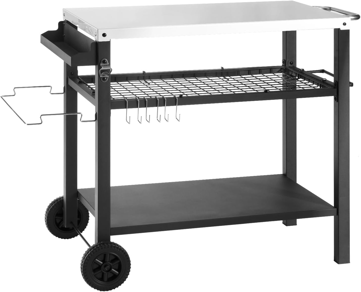 Dining Cart Table with Three Shelf, Movable Outdoor BBQ Grill Table Pizza Oven Stand with Three Hooks, Kitchen Cart Island Multifunctional Food Prep Table for Inside and Outside (Sliver)
