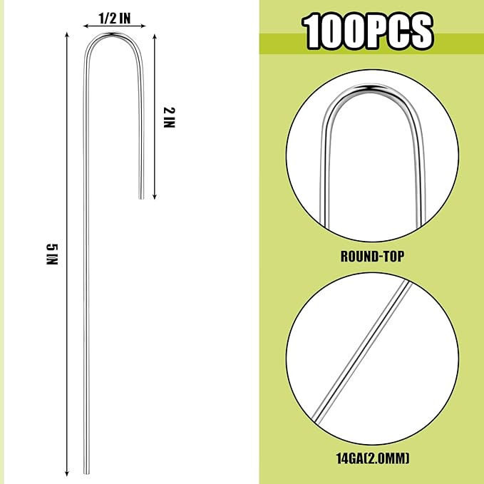 Pelopy 100 Pcs Irrigation Drip Tubing Landscape Staples 5 Inch J Shape Garden Stakes Galvanized Lawn Pins for Drip Tubing (Hold up to 1/2" Drip Tubing)