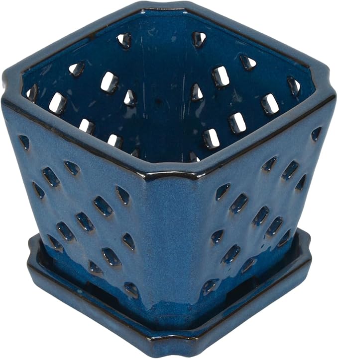 W&W Ceramic Orchid Pot with Holes and Saucer for Repotting, Blue, 7 Inches