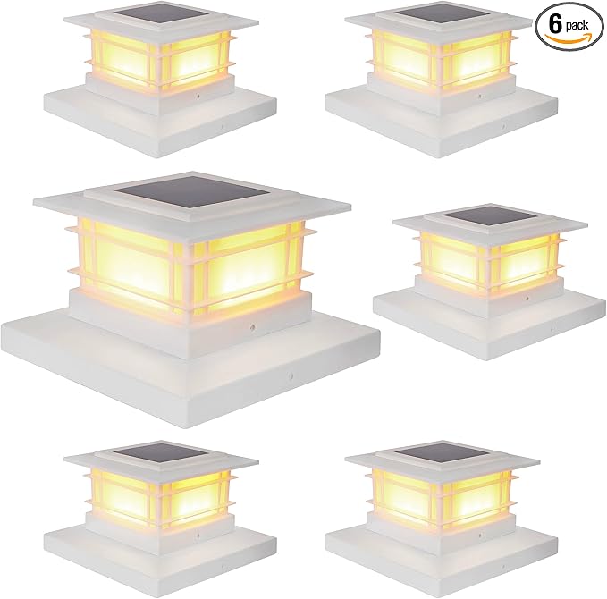Dynaming 6 Pack Solar Post Lights Outdoor, Solar Powered White Shell Fence Post Cap Lights, High Brightness Warm White LED Lighting for Garden Deck Patio, Fit 4x4, 5x5 or 6x6 Vinyl/Wooden Posts