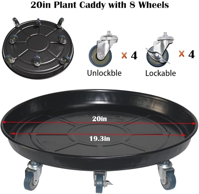Round Plant Stand with Lockable Wheels, Heavy Duty for Indoor Outdoor, Large Rolling Dolly Planter Caddy on Casters to Carry Potted Flower Pot, Round Metal Tray NO Holes, Black