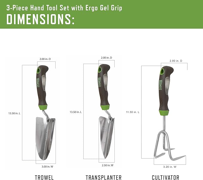 AMES 24450009 3-pc. Ergo Gel Grip Garden Tool Set with Hand Trowel, Transplanter & Cultivator