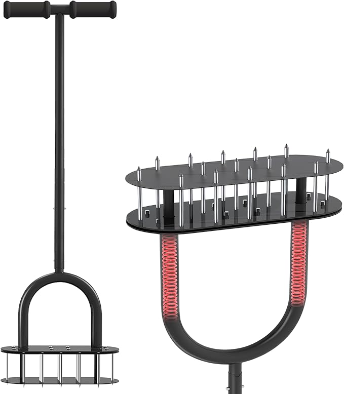 Lawn Aerator Spike Metal Automatic Dethatching Soil Aerating Lawn with 15 Iron Spikes, Pre-Assembled Grass Aerator Tools for Yard, Lawn Aeration, Garden Tool, Revives Lawn Health, Black