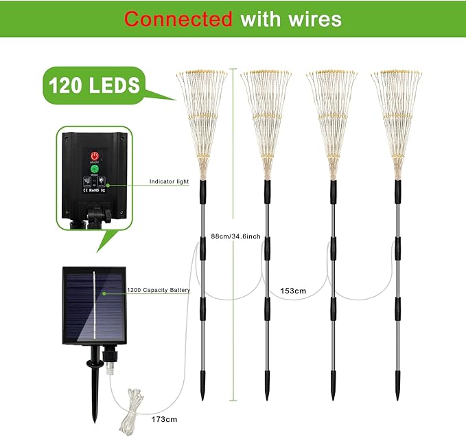Solar Outdoor Warm White Garden Lights, 4 Pack Firework With 120 LED Starburst String 8 Modes Fairy With Remote, for Wedding Christmas, Lawn Backyard Party Patio Decoration