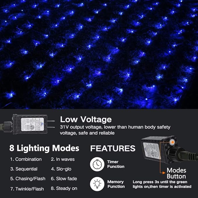 Lomotech 12ft x 5ft 360 LED Christmas Net Lights, 8 Modes Waterproof With Timer Low Voltage Connectable Mesh Lights for Trees, Bushes, Shurb, Garden, Outdoor Decoration(Green Wire, Blue)
