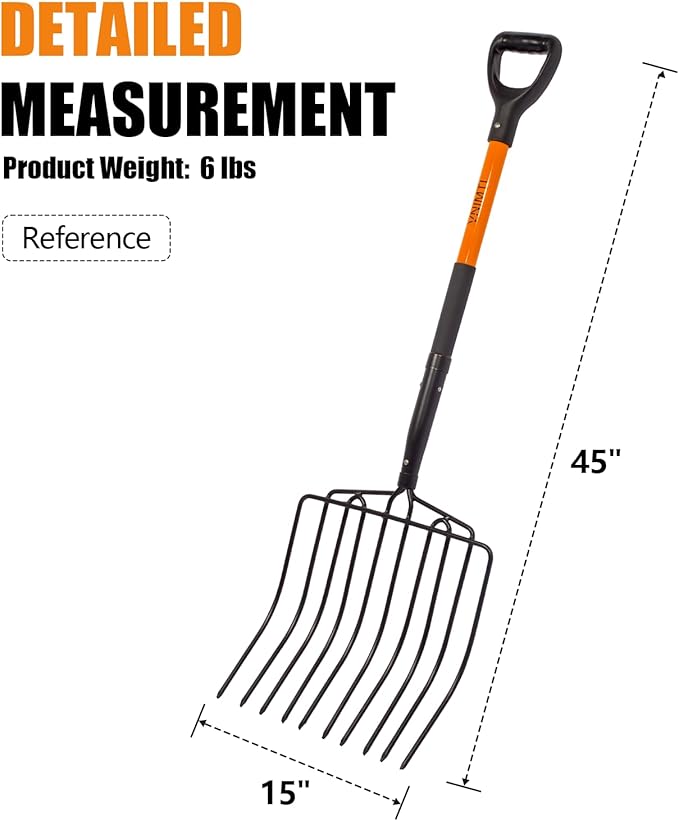 Pitch Fork for Gardening, 10 Tines Wide Pitch Fork with Fiberglass Handle, Heavy Duty Pitch Fork for Bedding, 45 Inches