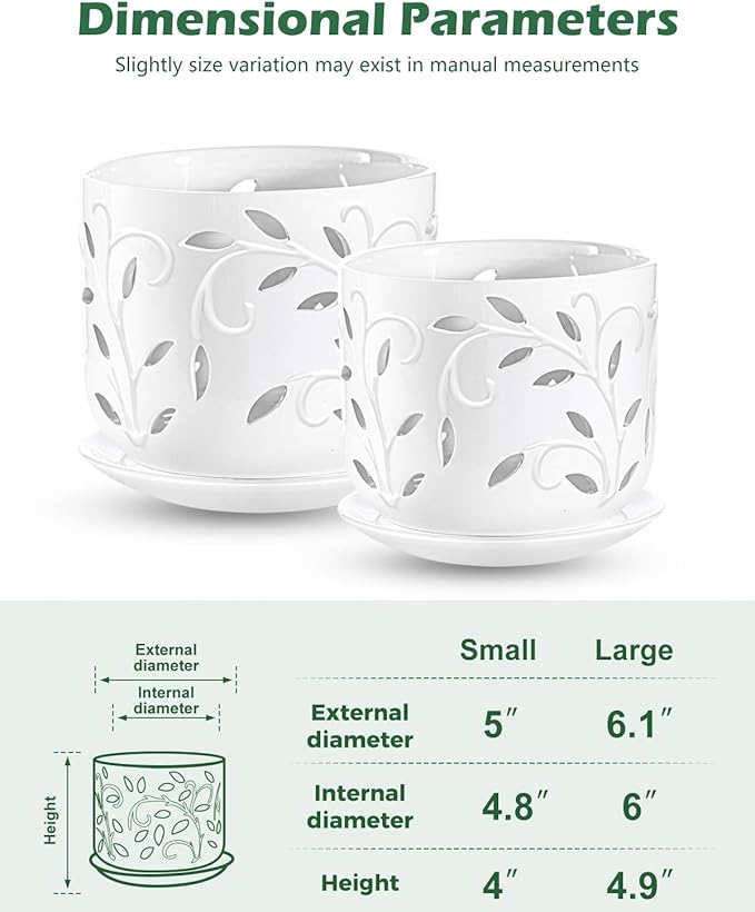 EFISPSS Orchid Pot with Holes, 5+6Inch Ceramic Plant Pots with Drainage Holes and Tray, Promoting Air Circulation and Drainage, Indoor/Outdoor White Flower Pots