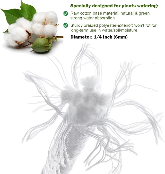 ORIMERC 50 feet 1/4 inch Self Watering Capillary Wick Cord Vacation Plant Watering DIY Hydroponic Wicking Self-Watering Planter Pot Automatic Water System Device Potted Violet self Watering Rope