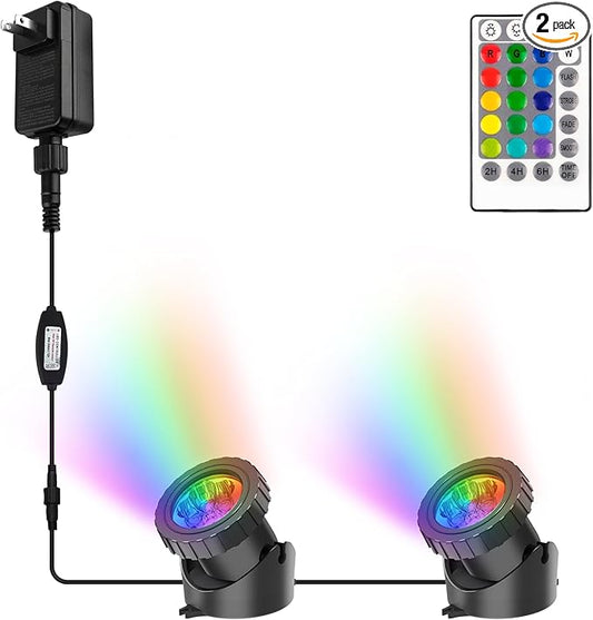 RGB Pond Lights with Timer, LED Underwater Submersible Colorful Landscape Spotlights, 98ft Remote Control IP68 Waterproof Fountain Lights for Fish Aquarium Tank Garden Yard Pool (Set of 2)