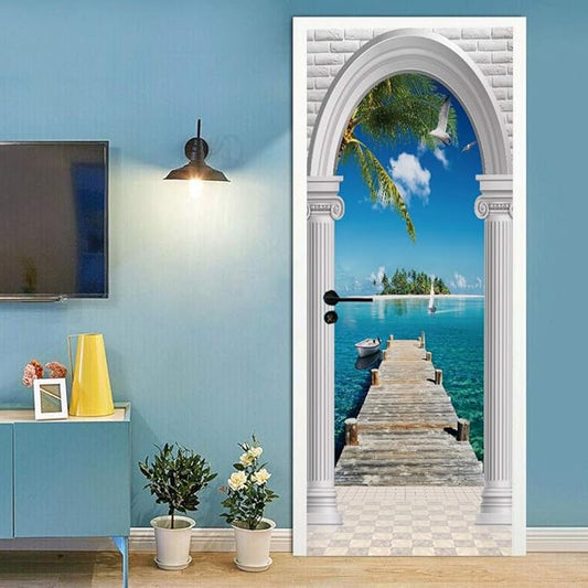 3D Door Stickers Murals - Landscape - Door Wallpaper - Self-Adhesive - Removable - PVC - White - Matt Finish - Tropical - Waterproof