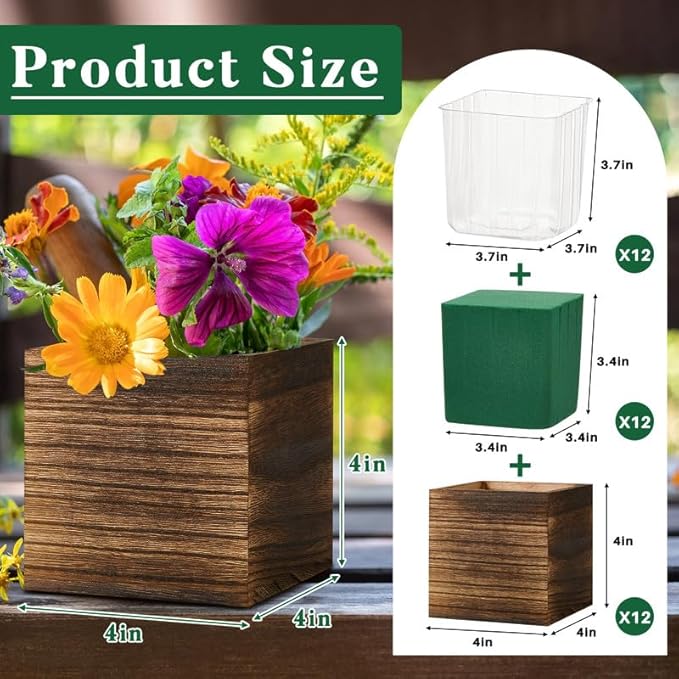 Dandat 12 Set Wood Cube Planter Box Square Wood Vase Rustic Cube Planter Box with Removable Plastic Liner Floral Foam Blocks for Centerpieces Home Wedding Garden Decor, Country Style (Brown)
