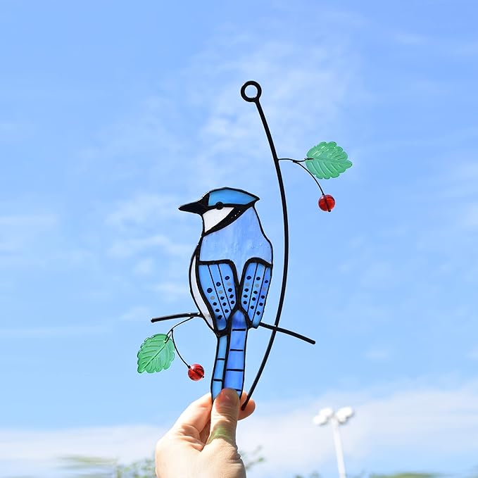 Lolitarcrafts Blue Jay Modern Stained Glass Window Hangings Blue Birds Suncathers for Window
