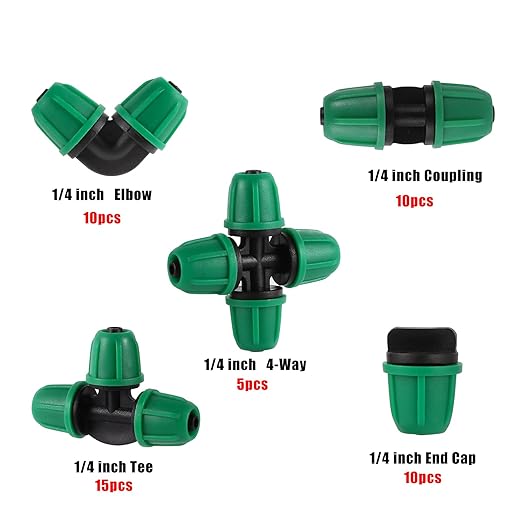 50pc 1/4 inch Drip Irrigation Fittings,Included Lock Barbed Tee,2-Way Coupling,Elbow,4-Way Coupling,¼ End Plugs,Tubing Outside Diameter (OD) is 0.250" Internal Diamete(ID) is 0.170"(1/4 Fitting Kit)