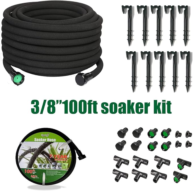 Soaker Hose 3/8 inch x 100FT,Garden Hose With Fittings,Heavy Duty Soaker Hose-Saves 70% Water For Lawn(100FT).