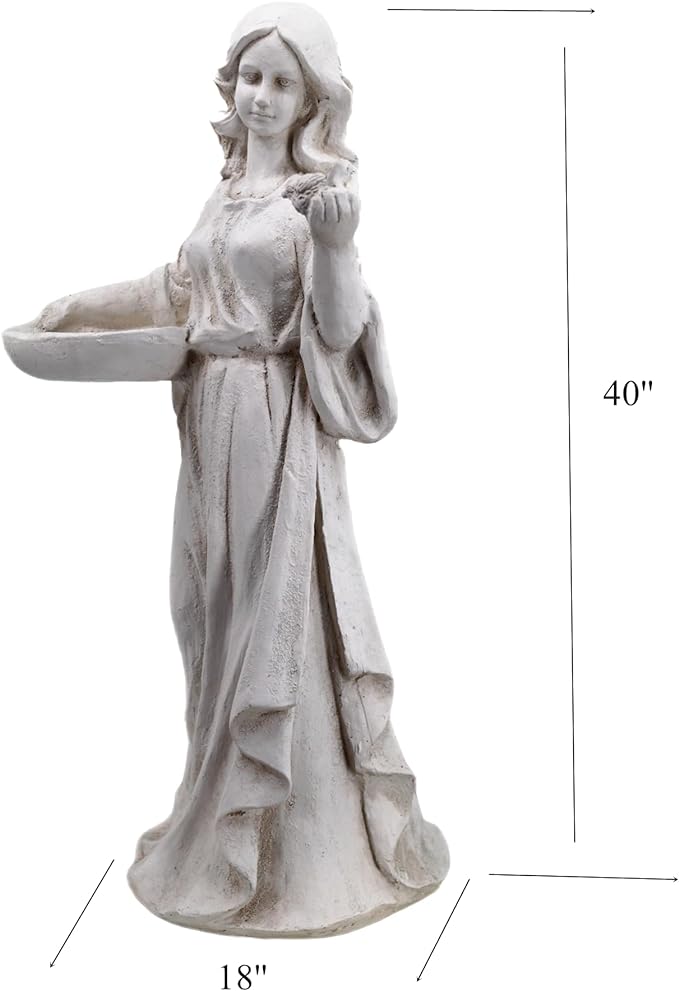 Garden Outdoor Nymph Statue Girl Maid Statue 40 Inch with Birdbath Bird Bath Bowl Magnesium Oxide Sculpture Patio Yard Lawn Decor Ivory