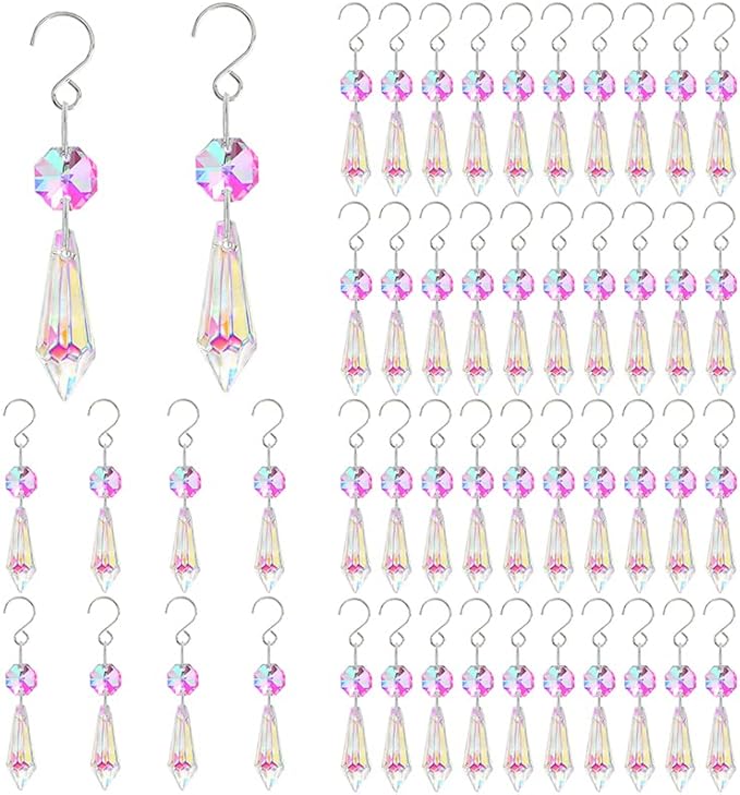 50pcs Colorful Crystal Icicle Prisms for Chandeliers, 38mm Chandelier Crystals Glass Prisms Pendants, Chandelier Crystals Replacement Parts with Octogan Beads for Wedding,Party Decoration