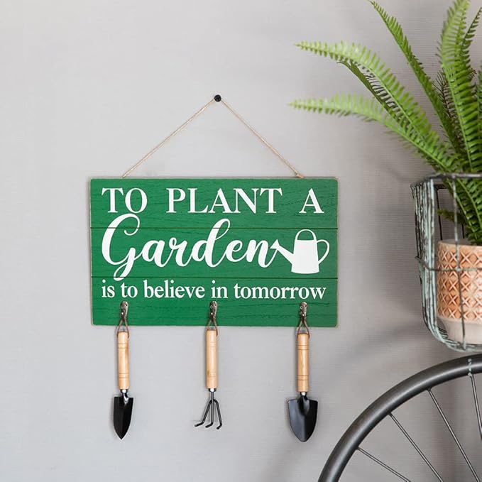 COLLECTIVE HOME - Garden Decor with Tools, Inspirational Wood Hanging Signs, Garden Tools Set - 3 Piece, Out Door Decor with Hooks, to Plant a Garden is to Believe in Tomorrow, 15.75"x9.5" (Green-2)