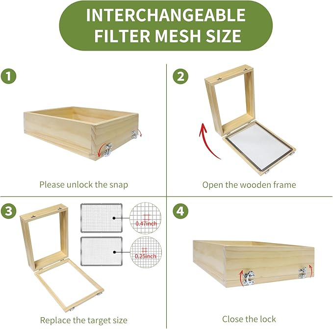 Wooden Soil Sifter for Gardening,13.7"x10.2" Rock Sifter with 2 Replaceable Mesh Screen (0.25"&0.47") Compost Sifter for Leaves, Rocks, Compost, Gravel, Soil
