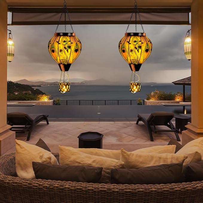 Peacock Hot Air Balloon Solar Lantern with Flickering Flame,Glass Hanging Solar Lanterns Outdoor Waterproof,Hot Air Balloon Decorative Lights for Patio Porch Yard Decor,Peacock Gifts for Women