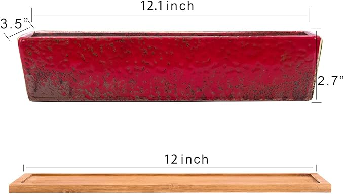 ARTKETTY Succulent Pots - 12.1 Inch Large Succulent Planters Pots with Drainage Tray, Long Rectangle Ceramic Pots for Indoor Cactus/Succulent Plants Shallow Bonsai Window Box for Home Garden Decor