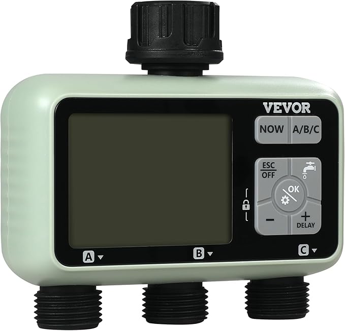 VEVOR Water Timer, 3 Outlets, Hose Watering Sprinkler Timer, with 3 Independent Watering Zone LCD Display Rain Delay Mode Manual Mode 360° Brass Inlet Metal Filter, IPX6 Waterproof for Yard Watering