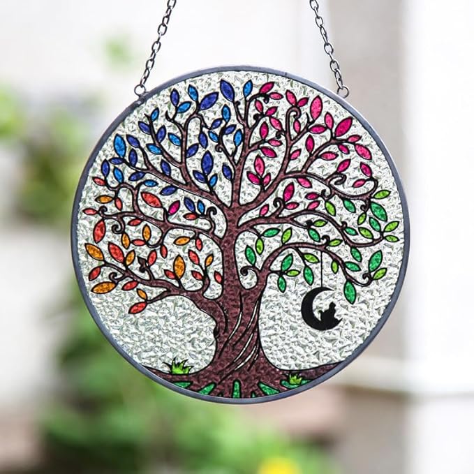 Artificial Trees of Life Suncatchers for Home Decorative Hanging Ornaments with Stick Hook for Window Hanging Hand-Painted Fake Plants Tree&Cat Memorial Gifts for Women 6.3'' * 6.3''