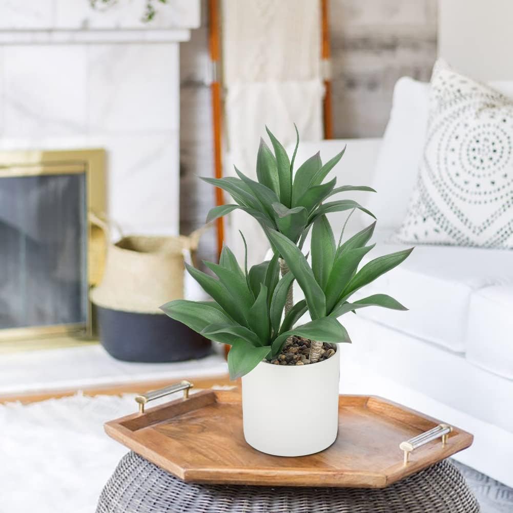 Hollyone Large Artificial Agave Plants Fake Three-Head Agave Succulent Plant Potted 15" Faux Plant in White Pot Succulents Aloe Plant Indoor for Desk Modern Home Decor
