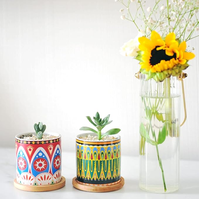 Mandala Succulent Pot with Drainage Hole & Bamboo Coaster, Small Plant Pots, Bohemian Ceramic Succulent Planter Pot for Small Plant-6 Pack