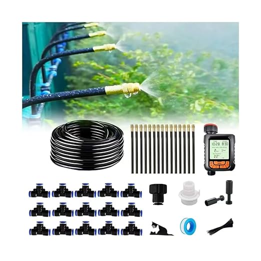 New drip Irrigation kit, Automatic Garden Watering System, Quick Connector and 360-degree Bending Dropper atomizing Copper Nozzle, Garden Plant Lawn Courtyard Watering System. (Timer)