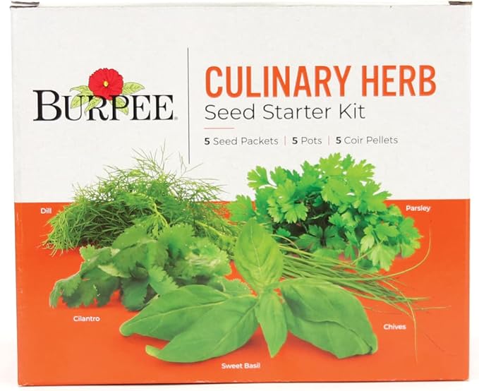 Burpee Culinary Garden Starter Kit Packets, 5 Pots, 5 Coir Pellets & 5 Plant Markers Non-GMO Herb Seeds: Cilantro, Dill, Parsley, Sweet Basil & Chives