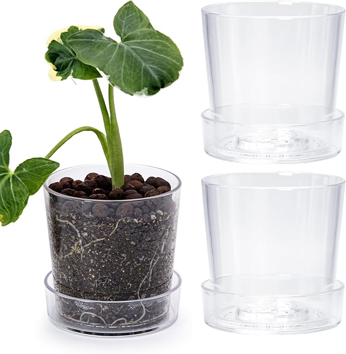 Phoenix Vine 4.5 Inch Clear Acrylic Planter Pot with Tray, Orchid Pot with Drainage Holes, Deep Saucer for Bottom Watering, Transparent Containers for Indoor Plants, Herbs, Set of 3, 91-A-E-3