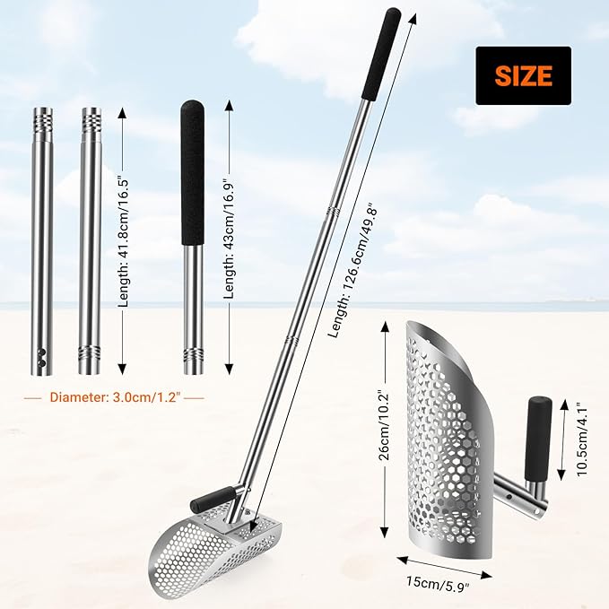 Long Handle Sand Scoop with Shovel for Metal Detecting, Metal Detector at Beach,Heavy Duty Stainless Steel Metal Detecting Tool,Treasure Finds Scoop, Digging Shovel Fast Sifting Shovel