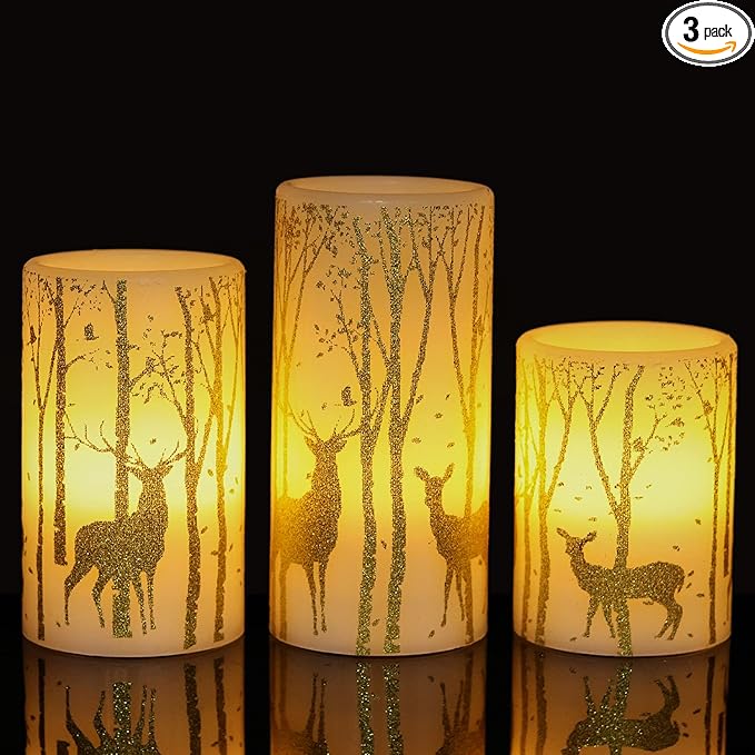 Gold Deer Flameless Candles with 6H Timer, Set of 3 Real Wax LED Flickering Candles, Christmas Pillar Candles with Gold Elk Decor for Home Party Decorations(H6 x D3)