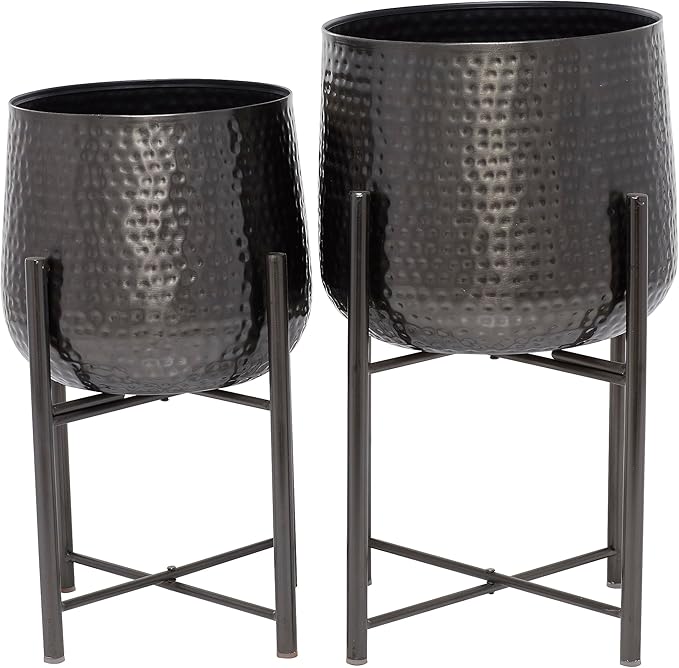 CosmoLiving by Cosmopolitan Metal Indoor Outdoor Planter Large Planter Pot with Removable Stand, Set of 2 Planters 19", 17"H, Black