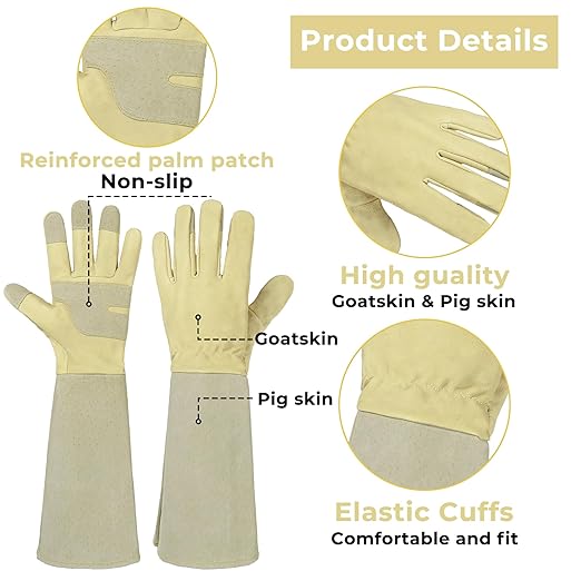 HLDD HANDLANDY Long Gardening Gloves for Women Ladies Protective Work Gloves Rose Pruning Garden Gloves for Yard & Outdoor Work, Light Yellow, L