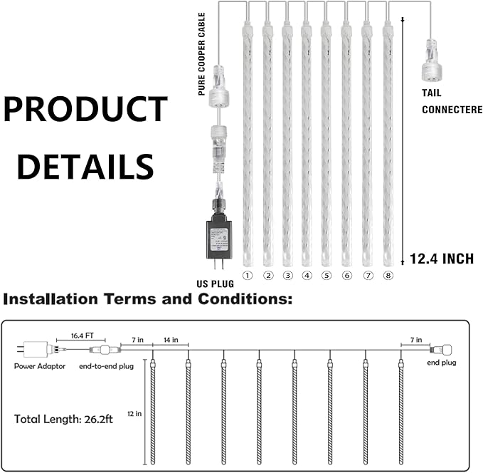 TW SHINE White Christmas Meteor Shower Lights Outdoor, 288LED 12" 8 Tubes Waterproof Christmas Lights Outdoor Plug in, Snow Falling Rain Icicle Xmas Lights Decorations, White