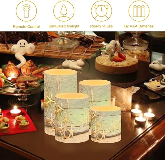 Flameless Candles 4 Pcs, Battery Powered with Timer Remote Control Color Changing Everlasting Pillar Candle Set Indoor Outdoor Coastal Decor, Beach Starfish with Blue Wood Grain