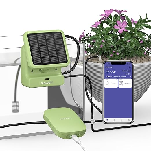 Raddy WS-2 Wi-Fi Automatic Watering System, Solar Drip Irrigation System, APP Control with Flexible Mini Hub, Water Shortage Alert, 2600mAh Built-in Battery, Easy DIY for Potted Plants, Balcony