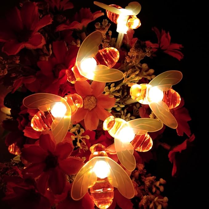Remote Bee String Lights, 19.5Ft 40 Led Bee Shape Fairy String Lights Battery Operated String Lights for Garden, Patio, Lawn Decoration with Remote Control(Warm White)