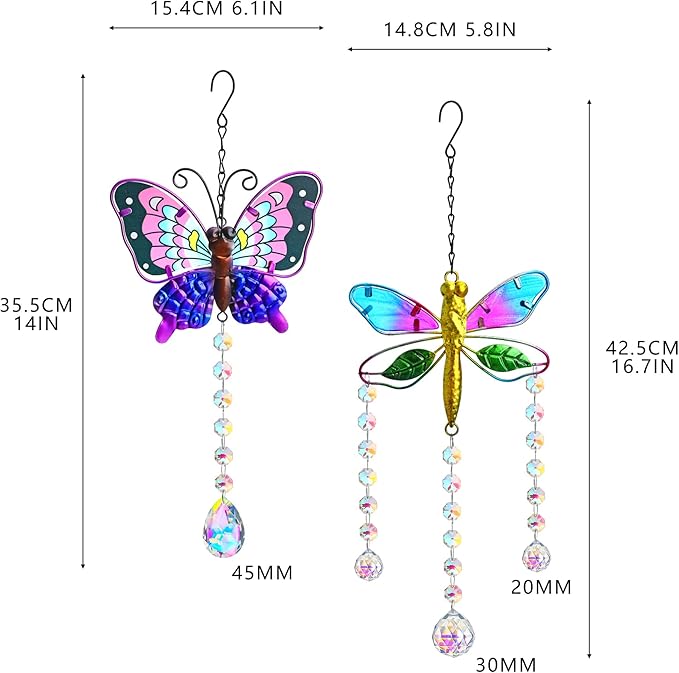 YU FENG Set 2 Suncatchers with Crystals,Stained Glass Butterfly Dragonfly Sun Catchers Window Garden Hanging Decoration Ornament,Prism Rainbow Maker Pendant