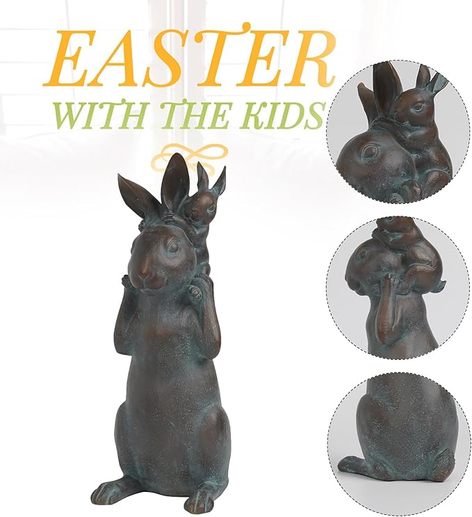 Rabbit Garden Statues Bunny Decorations - Easter Bunny Father with Baby Figurine Easter Gift Dark Gray Garden Spring Bunny Sulpture for Yard Framhouse Outdoor Décor 7*5.25*15.25 in Newman House Studio