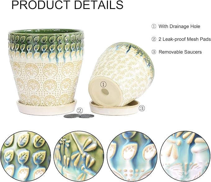 Ceramic Planter Pots for Indoor Plants, 8Inch + 6 Inch Plant Pot with Drainage Holes, Saucers and Mesh Pads, Succulent Orchid Flower Pot -Set of 2