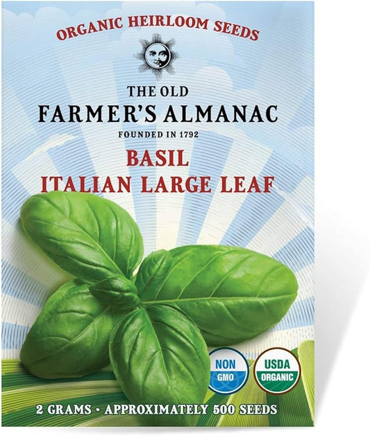 The Old Farmer's Almanac Organic Basil Seeds (Italian Large Leaf) - Approx 450 Seeds - Certified Organic, Non-GMO, Open Pollinated, Heirloom