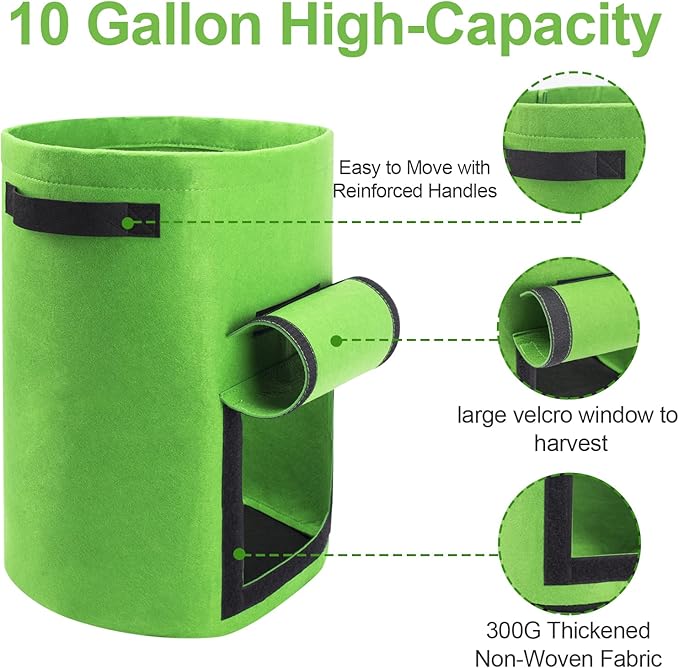 4 Pack Potato Growing Bag with Flap 10 Gallon Planter Pots with Handles and Harvest Window for Potato Tomato and Vegetables, Black Green Orange and Beige